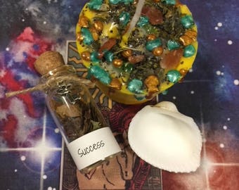 Success Candle Spell kit - witchcraft, new age, Wiccan, votive, magickal, spiritual, crystals, herbs, tarot, chakra, witch, Money, ritual