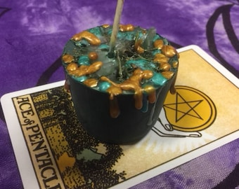 Money Candle Spell- tarot, spiritual,votive,witchcraft,chakra,wiccan,wrealth,Reiki,magickal,witch,moonlight,cystals,herbs,homemade,success