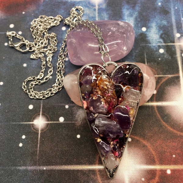 Large Heart Love Amulet - romance, crystals, gems, love, rose quarts, amethyst, witchcraft, lightworker, magical, jewelry, gift, heart