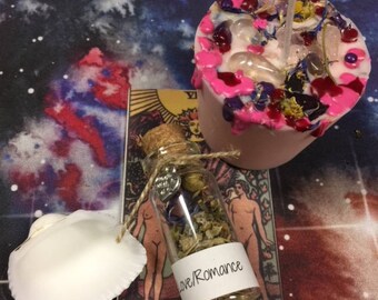 Love Candle Spell Kit - magickal, witchcraft, crystals,  votive, ritual, tarot, witch, charka, gems, herbs, new age, romance, kit, candle