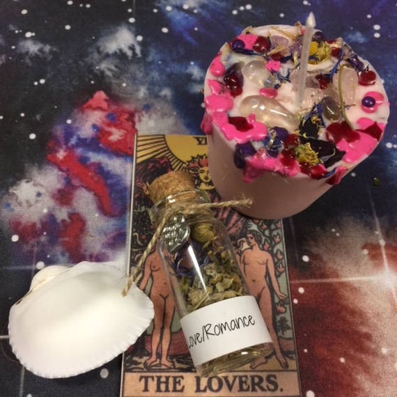 Love Candle Spell Kit - magickal, witchcraft, crystals,  votive, ritual, tarot, witch, charka, gems, herbs, new age, romance, kit, candle