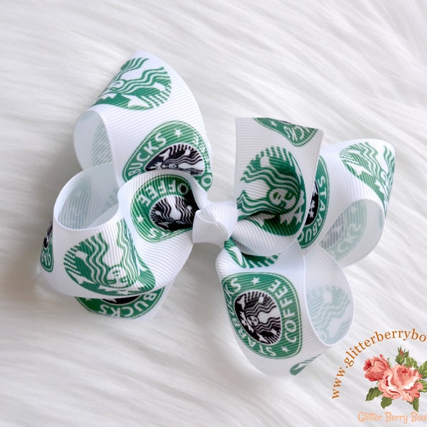 3-8" Starbucks hair bow, starbucks bow, 4inches hairbow, star bucks hairbow inspired, hairbow for girls, pigtails for toddler, 4" hairbow