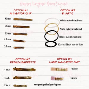 May include: A selection of alligator clips and french barrettes in different sizes. The alligator clips are available in 75mm, 65mm, 55mm, 45mm, and 35mm sizes. The french barrettes are available in 4 inch, 3 inch, and 2 inch sizes. There are also lined alligator clips in 45mm and 35mm sizes. The image also shows a variety of elastic hair ties, including white, nude, and black nylon headbands, as well as a black hair tie.
