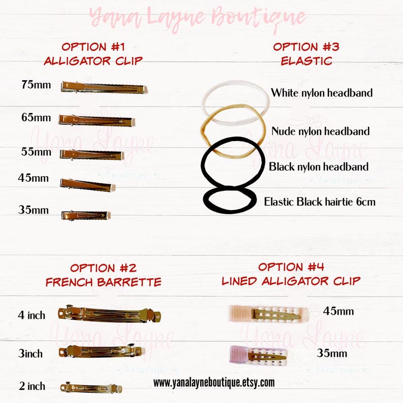 May include: A selection of alligator clips and french barrettes in different sizes. The alligator clips are available in 75mm, 65mm, 55mm, 45mm, and 35mm sizes. The french barrettes are available in 4 inch, 3 inch, and 2 inch sizes. There are also lined alligator clips in 45mm and 35mm sizes. The image also shows a variety of elastic hair ties, including white, nude, and black nylon headbands, as well as a black hair tie.