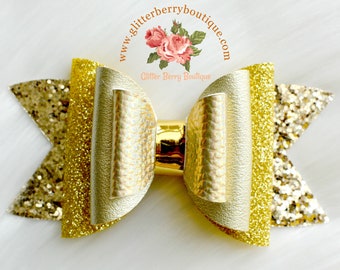 gold hair bow, gold leather hair bow, gold glitter hairbow, glitter gold hair bow, gold bows for girls, synthetic leather hair bow