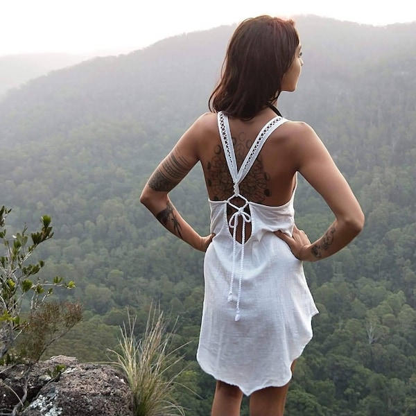 Above the clouds, white casual dress, backless, organic cotton, natural lace, halter dress, short dress, long top