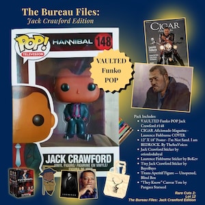 May include: A collection of items from "The Bureau Files: Jack Crawford Edition." Includes a Funko Pop figure of Jack Crawford, a magazine, a poster, stickers, a blind box figure, and a canvas tote bag.