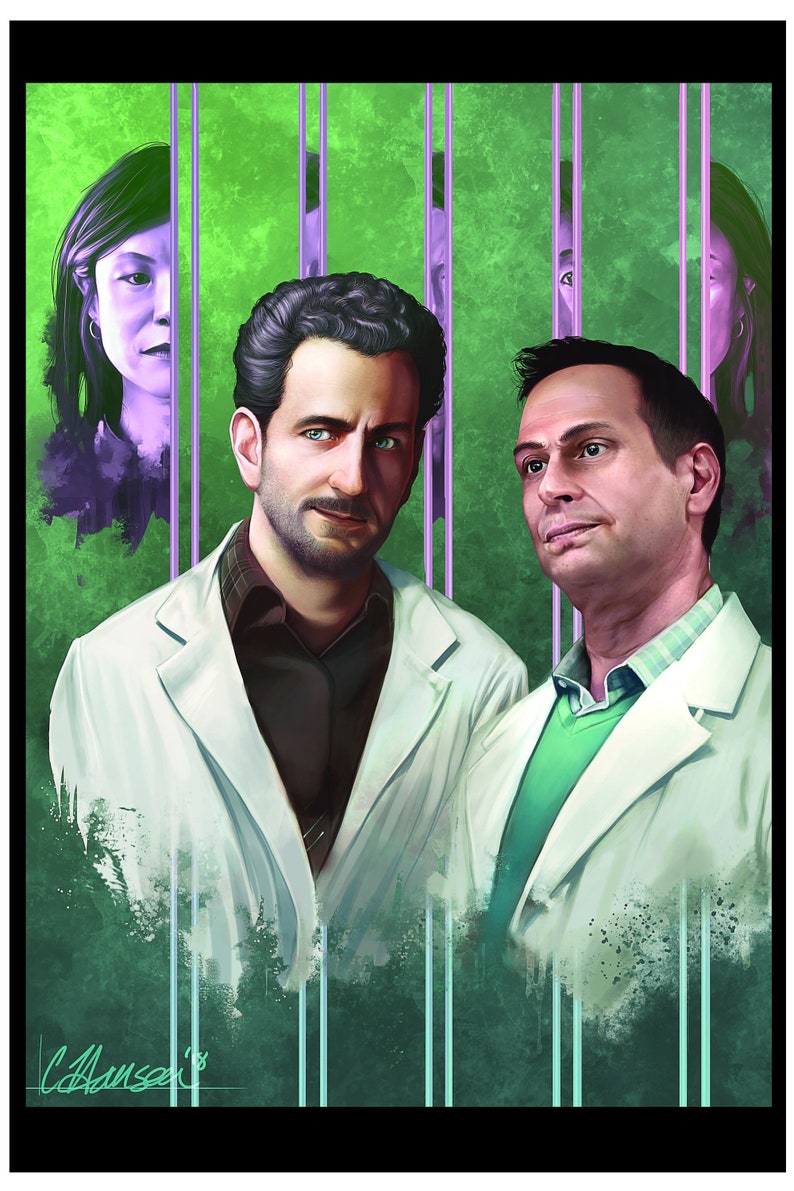 Puede incluir: Impresi&oacute;n art&iacute;stica digital que presenta a dos hombres con batas blancas de laboratorio, con dos mujeres parcialmente visibles detr&aacute;s de ellos. El fondo es verde con l&iacute;neas verticales moradas. La obra tiene un estilo pict&oacute;rico y est&aacute; firmada por el artista.