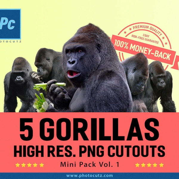 Gorillas, Apes, High Res. Photoshop PNG Cutouts Overlays, Mini Pack Volume 1 for Creative Photography