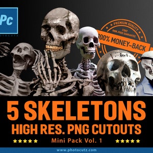 Skeletons Halloween Skulls Bones High Res. Photoshop PNG Cutouts Overlays, Mini Pack Volume 1 for Creative Photography