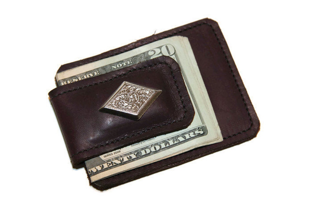Leather Money Clip Card Wallet with Silver Plated Concho, Dark
