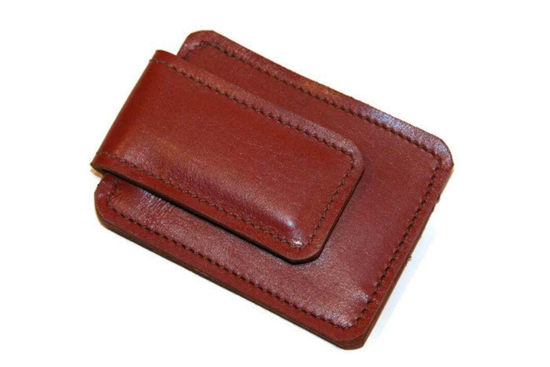 Leather Money Clip Card Wallet Medium Brown Etsy