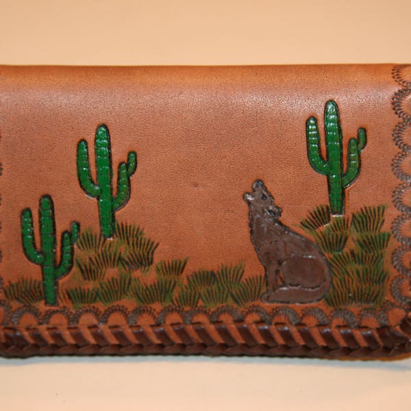 Leather Business Card Case, Wallet, Southwest Design, Saddle Tan Leather, Coyote, Cactus, Hand Tooled Stamped, Kangaroo Lace, Birthday Gift
