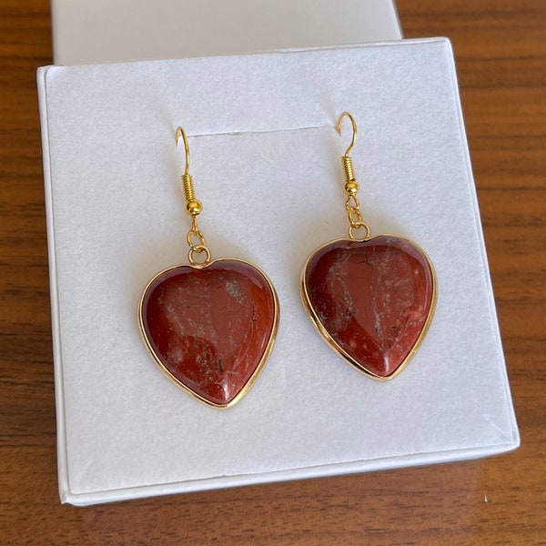 Jasper Gold Earrings - Crystal Earrings - Red Jasper Earrings - Heart Earrings - Dainty Earrings - Perfect Gift For Her - Red Crystal