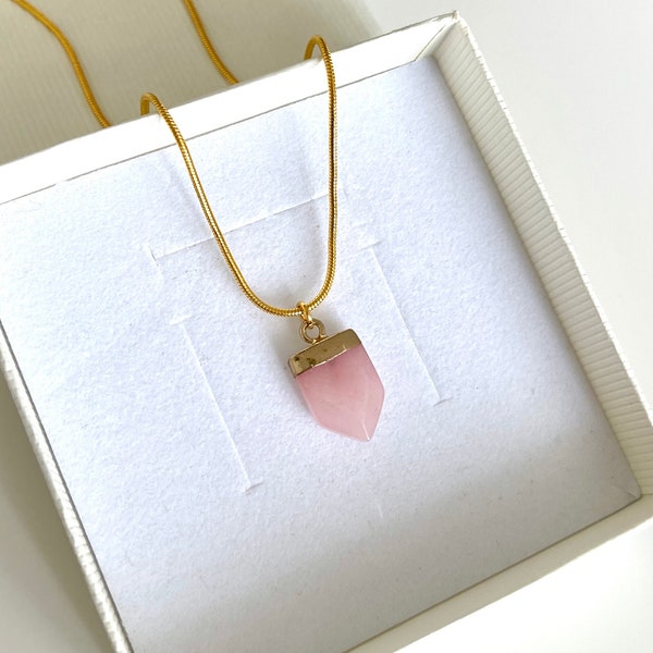 Rose Quartz Golden Necklace - Gold Dipped Necklace - Love Attracting Crystal - Tiny Rose Quartz - Small Crystal Choker - Pink Stone Choker