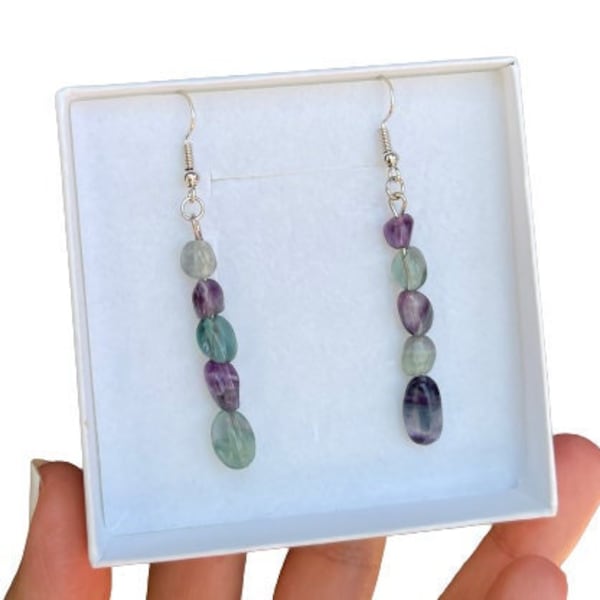 Rainbow Fluorite Earrings - Silver Fluorite Earrings - Fluorite Dangling Earrings - Rainbow Fluorite Jewelry - Mom Gift - Rainbow Crystal