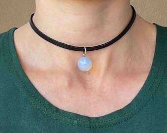 Opalite Necklace - Birthstone October - Opalite Leather Necklace - Libra Birthstone - Chakra Healing Stone - Dainty Opalite - Leather Choker