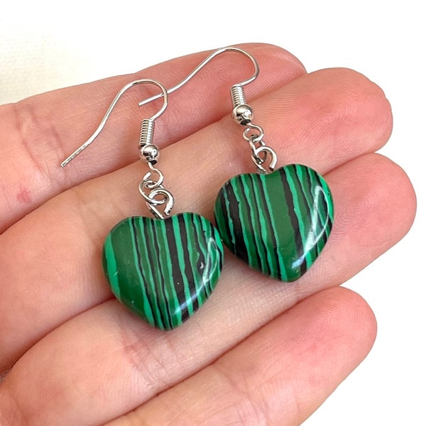 Malachite Earrings - Green Stone Earrings - Green Heart Earrings - Chakra Jewelry - Dainty Earrings - Chakra Stone Earrings - Mom Gift