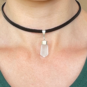 Quartz Necklace -  Raw Quartz Necklace - Silver Dipped Pendant -  Quartz Pendant - Goth Choker - Leather Necklace - Clear Quartz