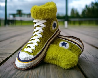 Pistachio Green Crochet Slipper Boots: Handmade Lightweight House Shoes with Fluffy Cuff for Winter Comfort