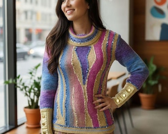 Handmade Pink Melange Baby Llama & Gold Cotton Crochet Sweater - Luxury Boho Layering Pullover