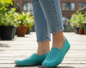 Handmade Turquoise Crochet Slippers: Cozy Indoor/Outdoor Footwear for Women, Custom Summer Flats