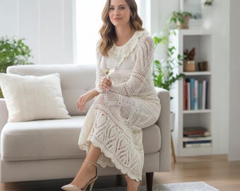 Ivory Angora Crochet Midi Dress: Lace Knit, Long Sleeve, Handmade Winter Boho Outfit