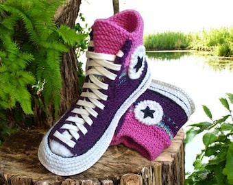 Purple Pink Crochet Slippers - Handmade Wool House Shoes with Felt Sole Size 41 Women's Cozy Indoor Footwear