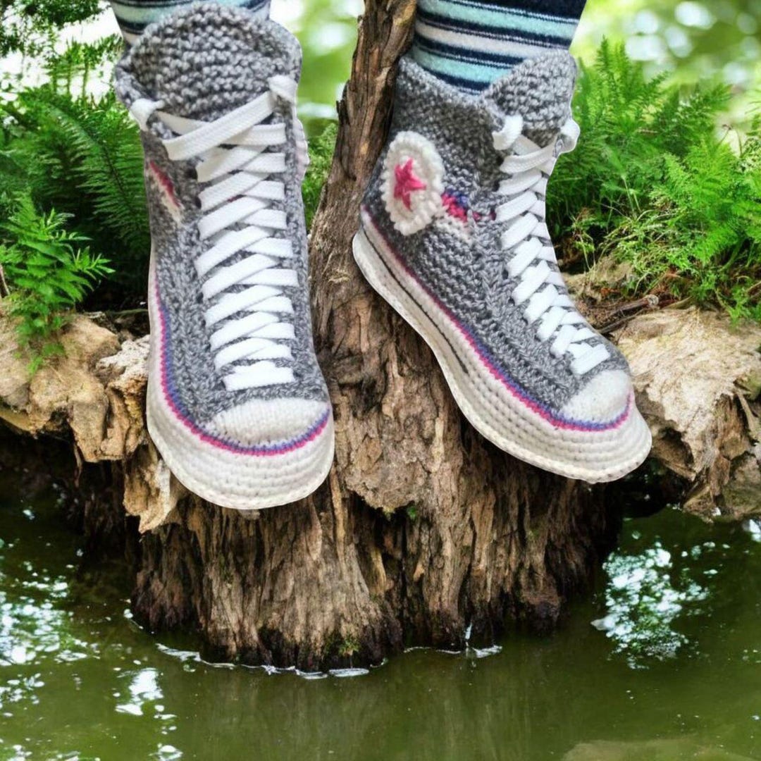 Handmade Gray Crochet Sneaker Slippers With Wool Felt Sole - Cozy Slip ...