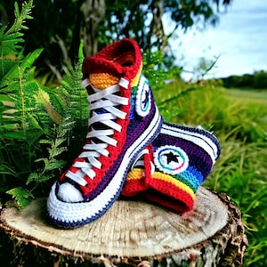 Rainbow Crochet Sneakers Slippers – Wool Felt Sole, Easy Slip-On, Handmade Cozy Shoes