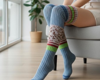 Custom Color Superwash Wool Thigh-High Seamless Knit Bed Warmers Socks Handmade Winter Cozy