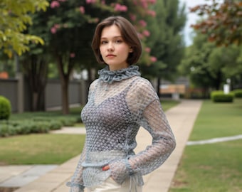 Luxurious Sheer Baby Alpaca Sweater: Lightweight Gray Sparkle Knit Pullover with Lurex Threads