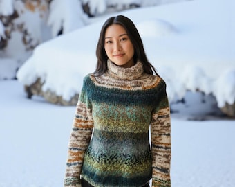 Cozy Green Mohair Sweater | Hand-Knit Alpaca Merino Wool Pullover | Fuzzy Striped Winter Jumper