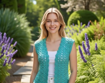 Handmade Turquoise Crochet Vest for Women - Boho Cotton Summer Top with Lurex for Festival Outfits