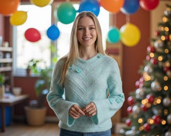 Delicate Mint Angora Merino Butterfly Sweater - Handknit Cropped Top with Openwork Crochet Sleeves