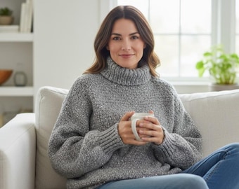 Handmade Gray Angora Mohair Cashmere Chunky Sequin Pullover Sweater - Luxury Knit Jumper