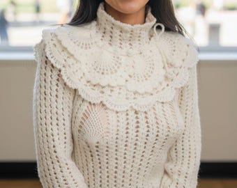 Ivory Angora Crochet Wedding Sweater with Detachable Lace Collar - Handmade Bridal Knitwear