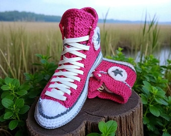 Pink Crochet Sneaker Slippers Wool Felt Sole Handmade Cozy Indoor Shoes Women House Footwear Gift