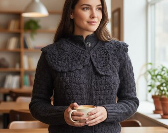 Cashmere Chunky Knit Sweater Hidden Button Detachable Crochet Collar Women's Wool Pullover