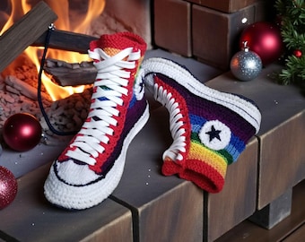 Handmade Rainbow Crochet Slip-On Sneaker Slippers with Wool Felt Sole – Cozy Indoor Shoes for Women