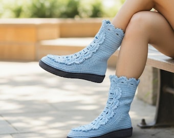 Handmade Light Blue Crochet Shoes with Durable Soles - Customizable Comfort Footwear for Women