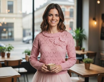 Italian Angora Merino Hand Crocheted Butterfly Lace Sweater - Limited Edition Powder Pink