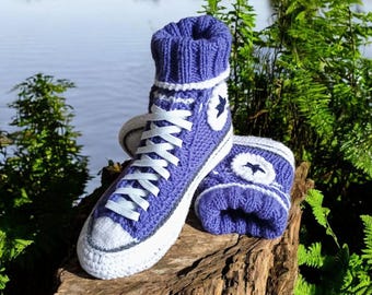 Handmade Lavender Crochet Converse Slipper Boots with Cuff - Women's Cozy House Shoes