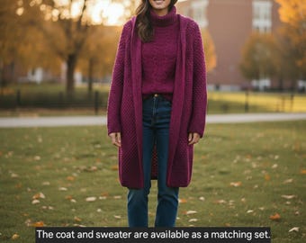 Marsala Cashmere Hooded Coat - Handmade Chunky Knit Cardigan - Luxury Winter Sweater - Oversized Burgundy Outerwear