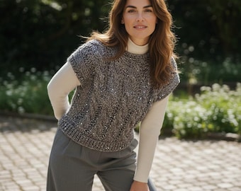 Handknit Mohair Angora Vest with Silk Sequins – Oversized S/M, Chunky Cable Knit