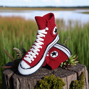 Red Men's Knit High Top Slippers – Large Sizes, Felt Sole, Wool House Shoes