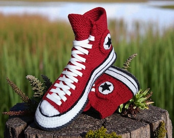 Red Men's Knit High Top Slippers – Large Sizes, Felt Sole, Wool House Shoes