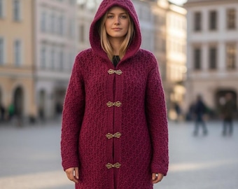 Marsala Cashmere Hooded Coat - Handmade Chunky Knit Cardigan - Luxury Winter Sweater - Oversized Burgundy Outerwear
