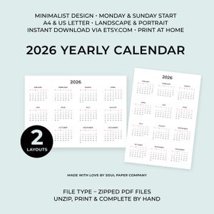 Op de afbeelding: Een minimalistische jaarlijkse kalender voor 2026 met twee lay-outopties. Beschikbaar in A4- en US Letter-formaten en in landschaps- en portretoriëntaties. De tekst "2026 YEARLY CALENDAR" wordt bovenaan weergegeven. Digitale download.