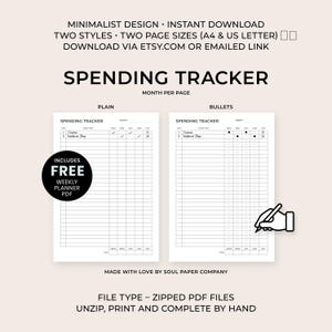 Könnte beinhalten: Ein minimalistisches Ausgaben-Tracker-Design mit zwei Stilen und zwei Seitengrößen. Das Design umfasst eine einfache und eine Bullet-Version mit einem kostenlosen Wochenplaner-PDF. Der Text auf dem Bild lautet "Spending Tracker".